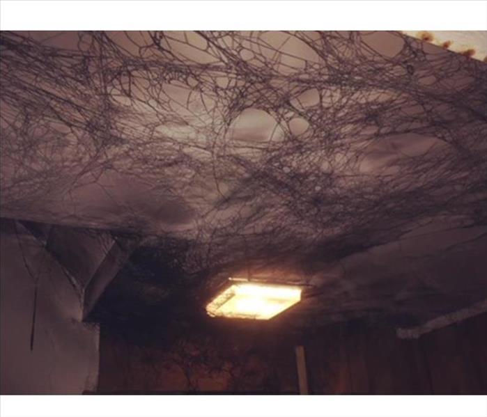 Cobb webs on a ceiling damaged by smoke 